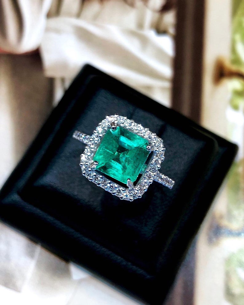 STUNNING! 2.91TCW Emerald VS Diamond 18k solid white gold ring engagement wedding colombian zambian Double halo modern natural art deco big