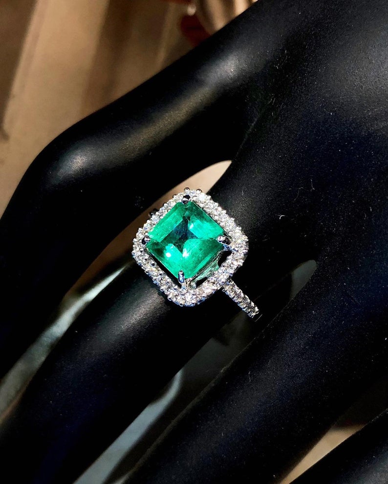 STUNNING! 2.91TCW Emerald VS Diamond 18k solid white gold ring engagement wedding colombian zambian Double halo modern natural art deco big