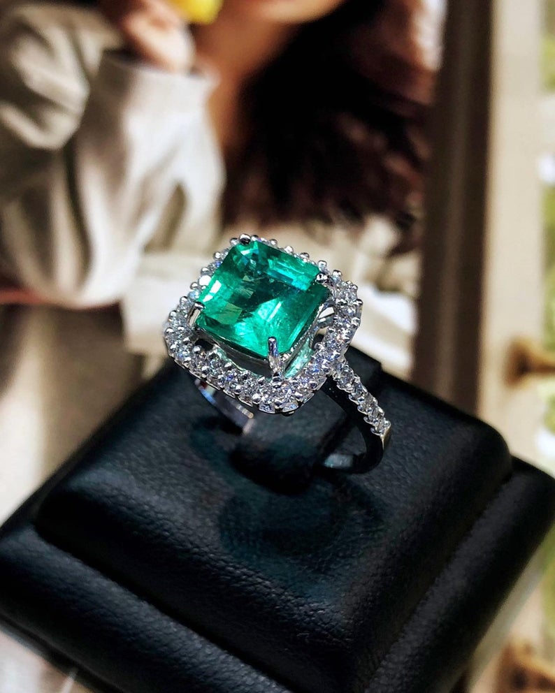 STUNNING! 2.91TCW Emerald VS Diamond 18k solid white gold ring engagement wedding colombian zambian Double halo modern natural art deco big