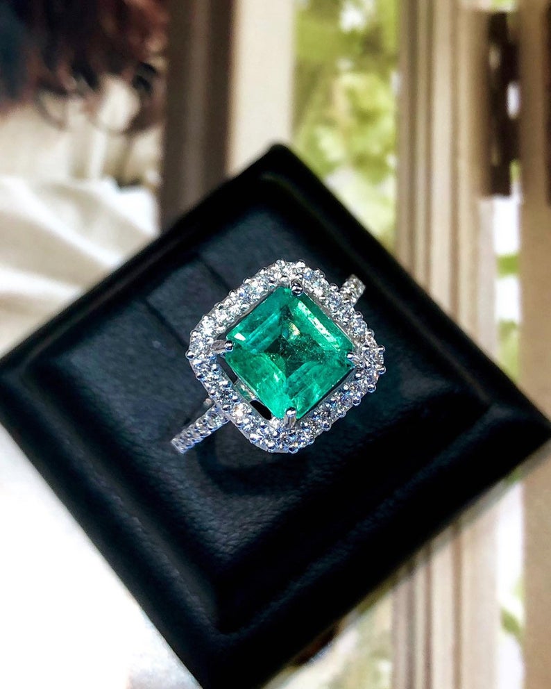 STUNNING! 2.91TCW Emerald VS Diamond 18k solid white gold ring engagement wedding colombian zambian Double halo modern natural art deco big