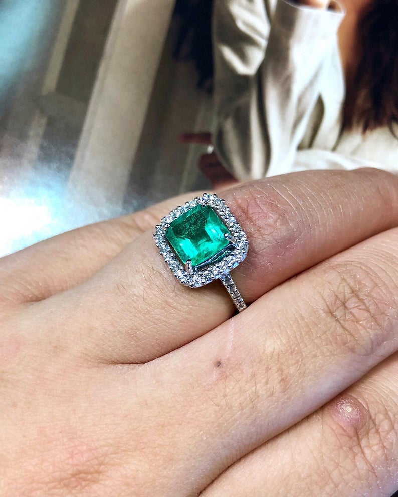 STUNNING! 2.91TCW Emerald VS Diamond 18k solid white gold ring engagement wedding colombian zambian Double halo modern natural art deco big