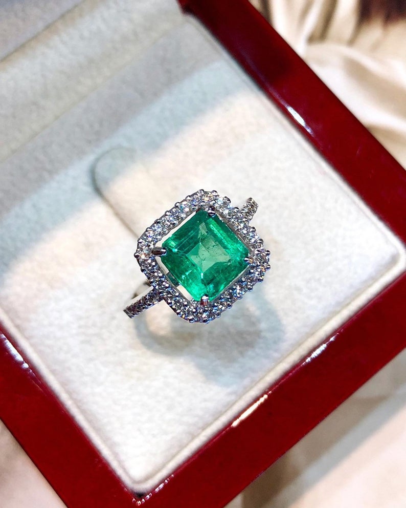 STUNNING! 2.91TCW Emerald VS Diamond 18k solid white gold ring engagement wedding colombian zambian Double halo modern natural art deco big