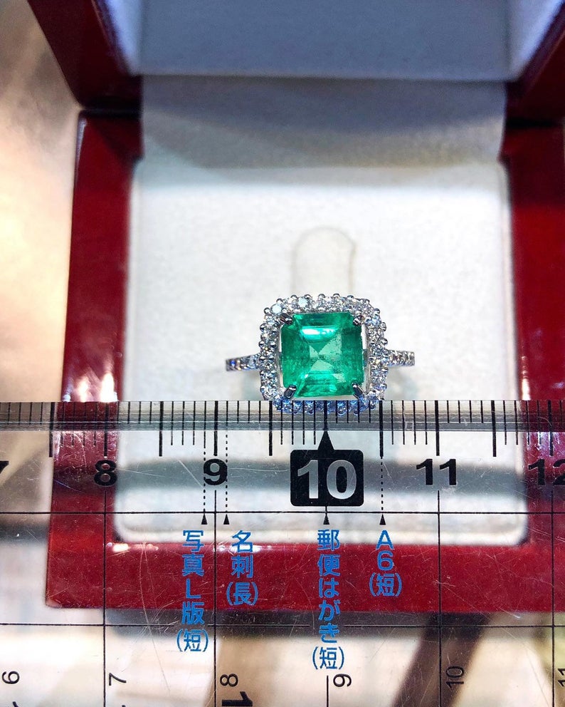 STUNNING! 2.91TCW Emerald VS Diamond 18k solid white gold ring engagement wedding colombian zambian Double halo modern natural art deco big