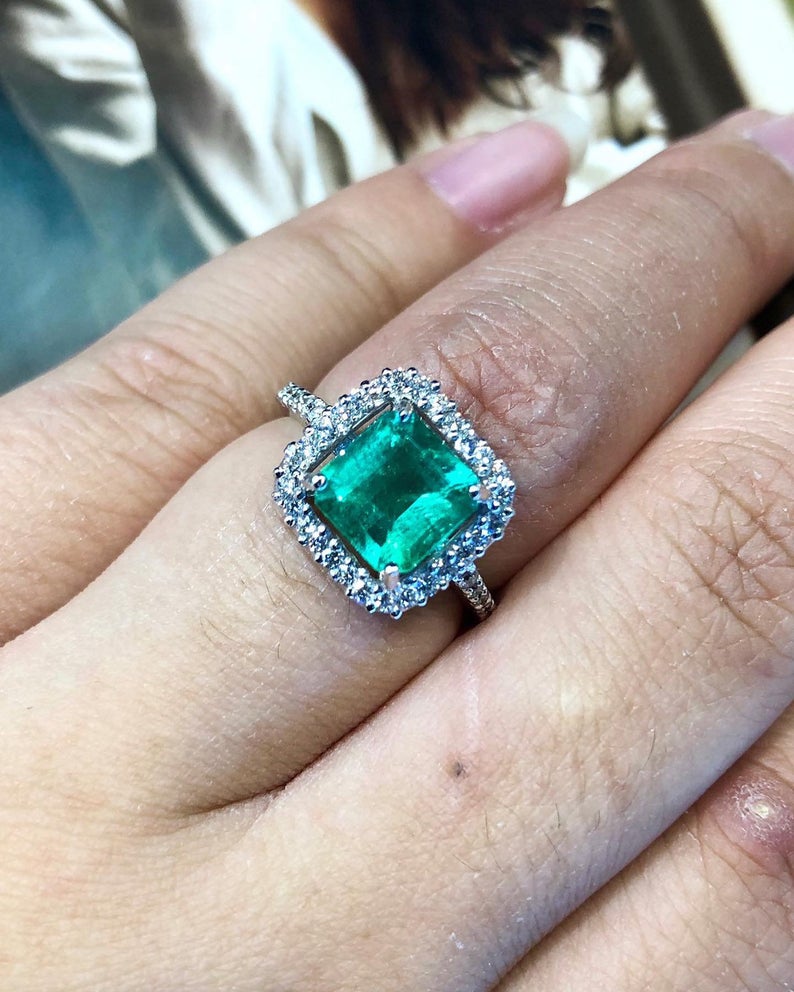 STUNNING! 2.91TCW Emerald VS Diamond 18k solid white gold ring engagement wedding colombian zambian Double halo modern natural art deco big