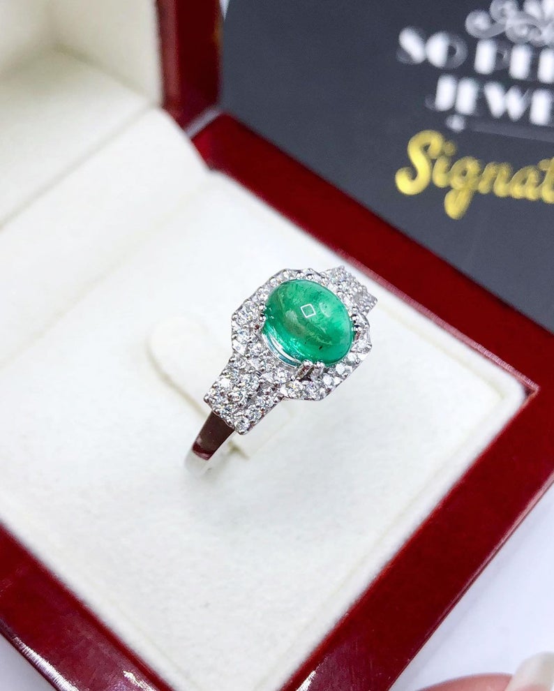 WOW! 2.60TCW Emerald & VS Diamonds in 18k solid white gold ring engagement wedding Cabochon zambian modern natural vintage valentine