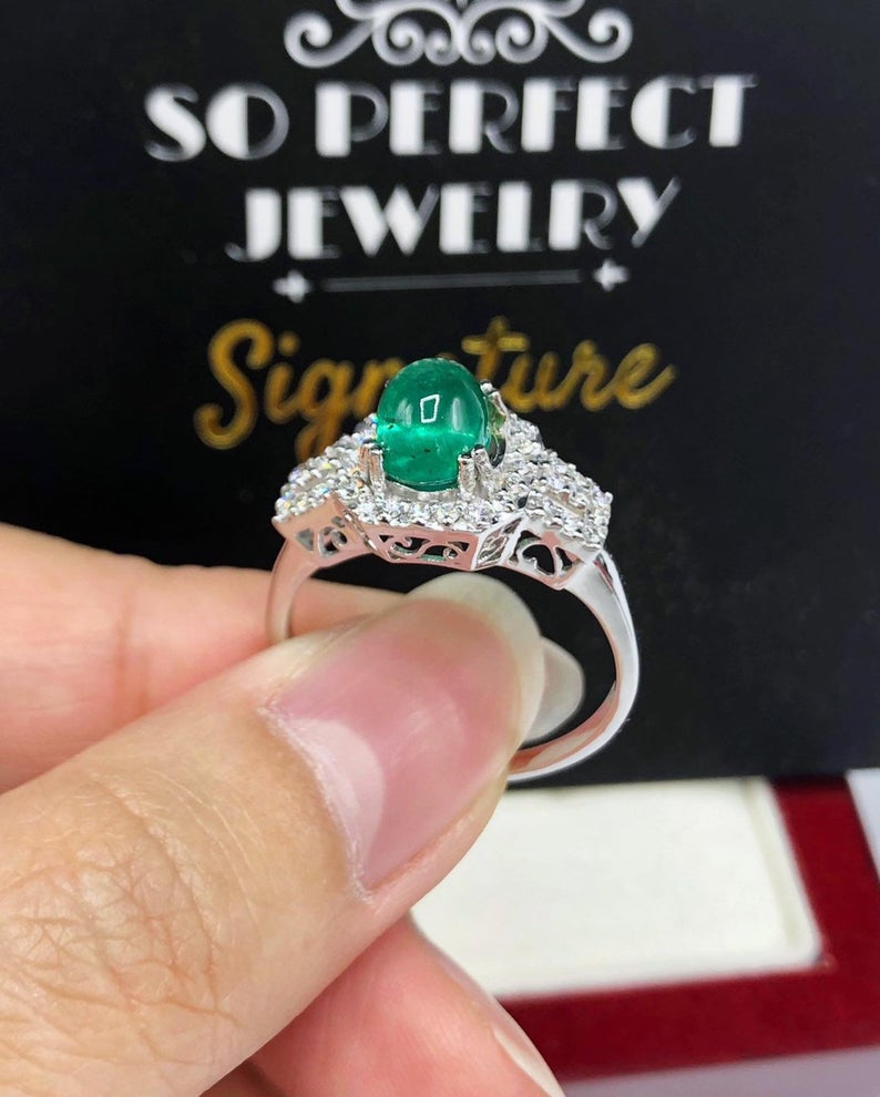 WOW! 2.60TCW Emerald & VS Diamonds in 18k solid white gold ring engagement wedding Cabochon zambian modern natural vintage valentine