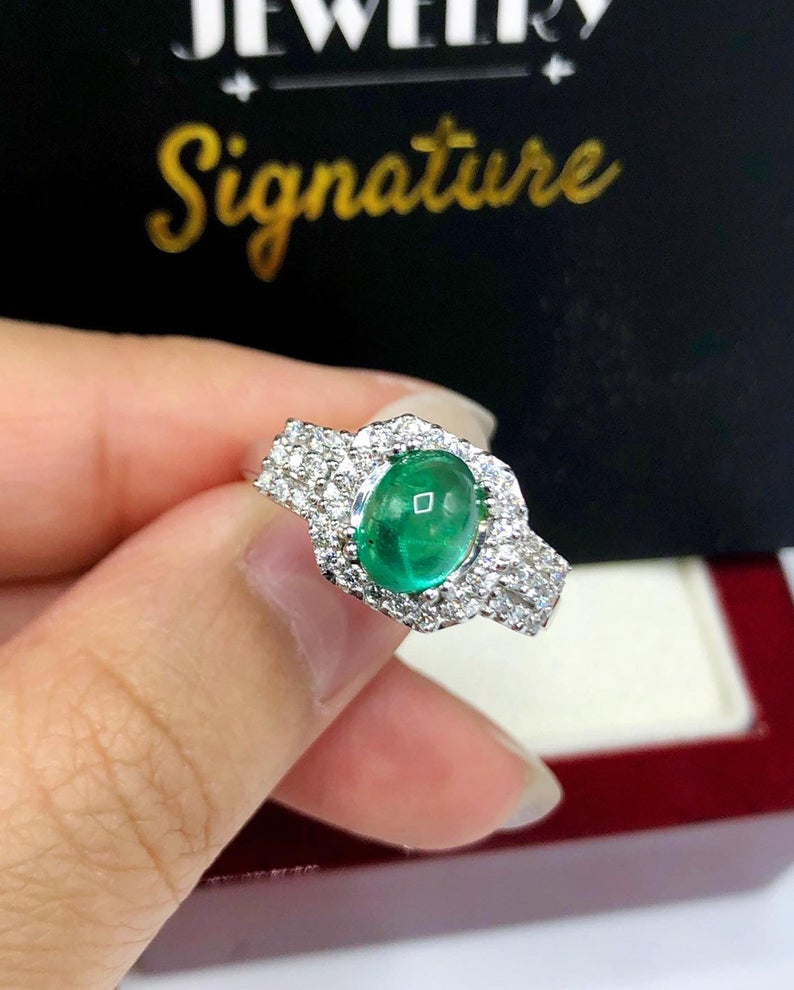 WOW! 2.60TCW Emerald & VS Diamonds in 18k solid white gold ring engagement wedding Cabochon zambian modern natural vintage valentine