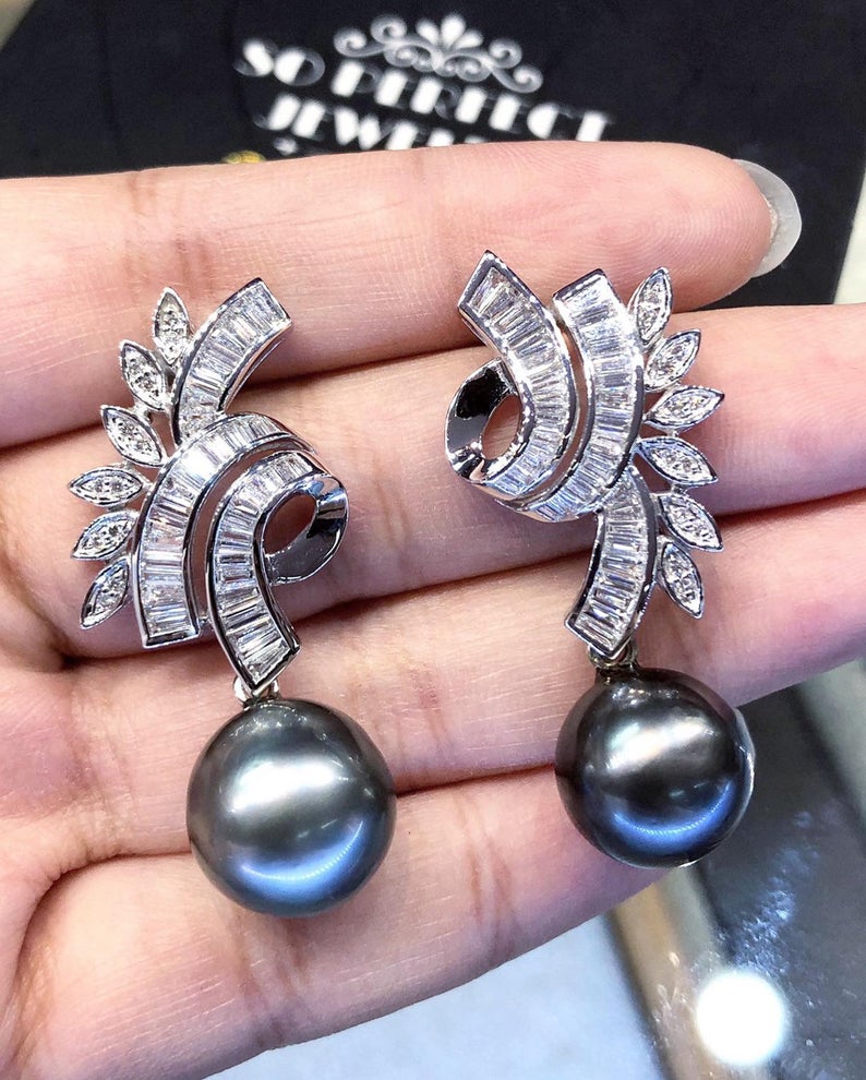 HUGE! Tahitian Pearls Cluster VS Diamond 18K Solid White Gold Earrings chandelier dangling modern natural black south sea big Tahiti wedding