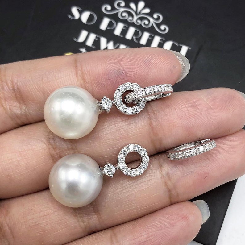 2-in-1 DANGLING South Sea 13mm Pearls Diamonds 18K Solid white hoop Gold Earrings handmade chandelier wedding natural art deco vintage big