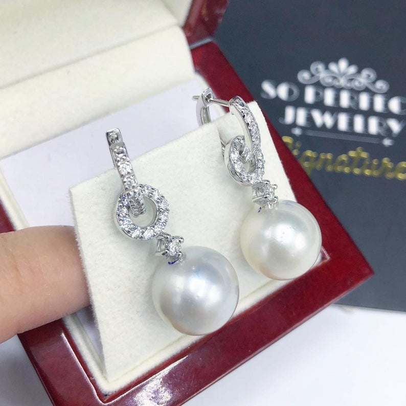 2-in-1 DANGLING South Sea 13mm Pearls Diamonds 18K Solid white hoop Gold Earrings handmade chandelier wedding natural art deco vintage big