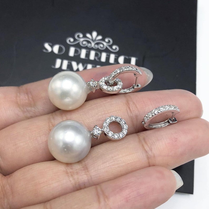 2-in-1 DANGLING South Sea 13mm Pearls Diamonds 18K Solid white hoop Gold Earrings handmade chandelier wedding natural art deco vintage big