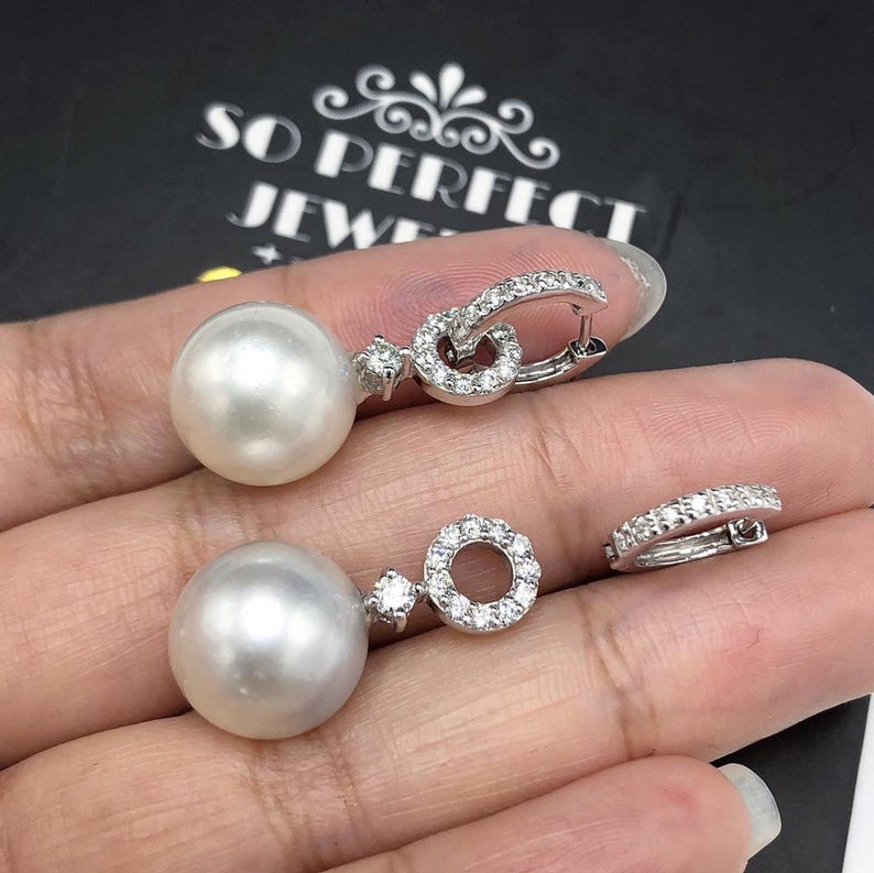 2-in-1 DANGLING South Sea 13mm Pearls Diamonds 18K Solid white hoop Gold Earrings handmade chandelier wedding natural art deco vintage big