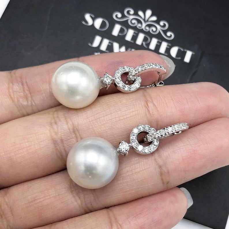 2-in-1 DANGLING South Sea 13mm Pearls Diamonds 18K Solid white hoop Gold Earrings handmade chandelier wedding natural art deco vintage big