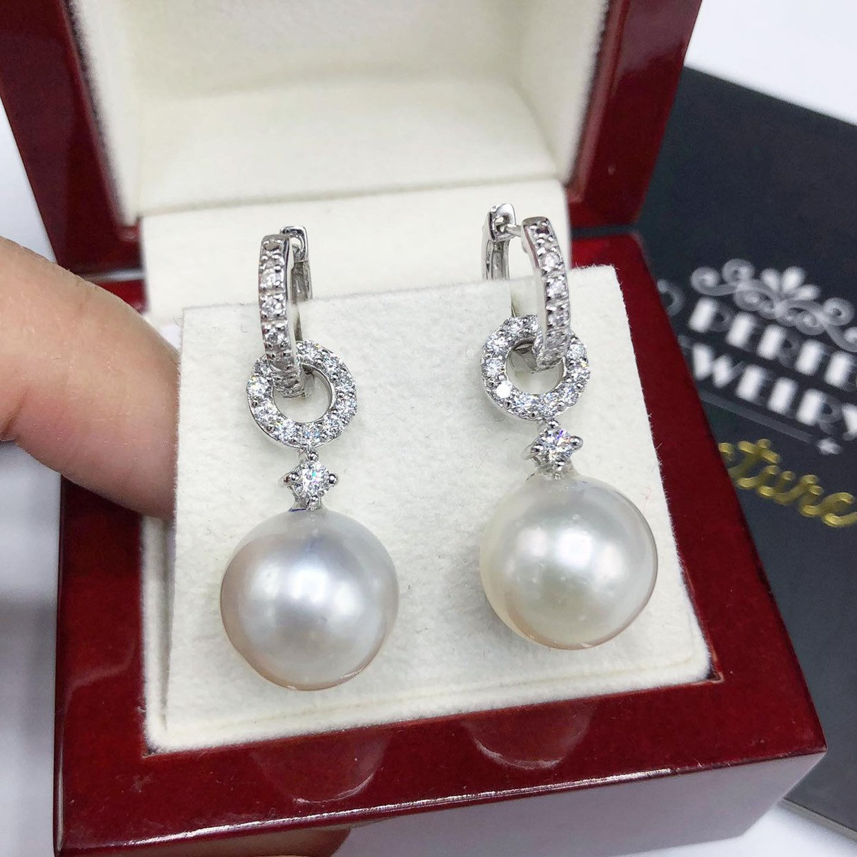 2-in-1 DANGLING South Sea 13mm Pearls Diamonds 18K Solid white hoop Gold Earrings handmade chandelier wedding natural art deco vintage big