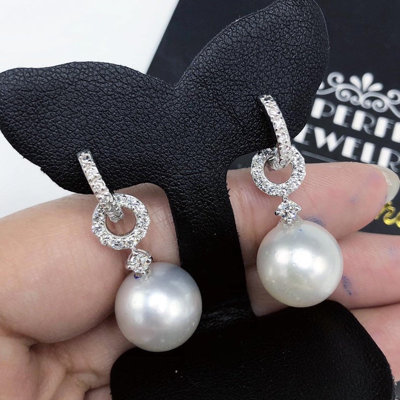 2-in-1 DANGLING South Sea 13mm Pearls Diamonds 18K Solid white hoop Gold Earrings handmade chandelier wedding natural art deco vintage big