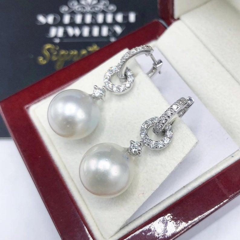 2-in-1 DANGLING South Sea 13mm Pearls Diamonds 18K Solid white hoop Gold Earrings handmade chandelier wedding natural art deco vintage big