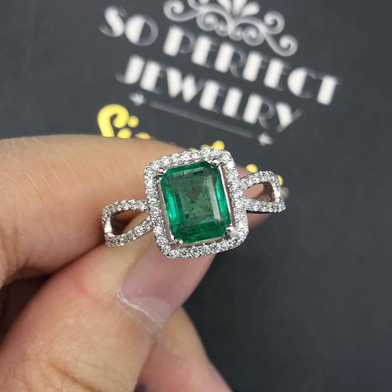 STUNNING! 2.40TCW Emerald VS Diamond 18k solid white gold ring engagement wedding colombian zambian Double halo modern natural art deco big