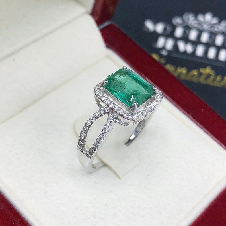 STUNNING! 2.40TCW Emerald VS Diamond 18k solid white gold ring engagement wedding colombian zambian Double halo modern natural art deco big
