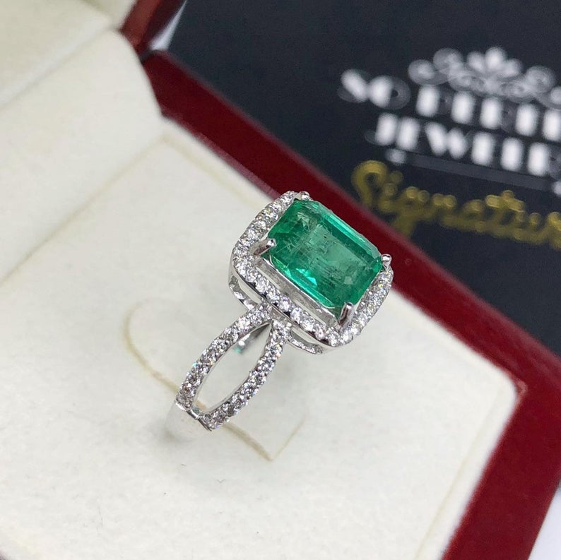 STUNNING! 2.40TCW Emerald VS Diamond 18k solid white gold ring engagement wedding colombian zambian Double halo modern natural art deco big