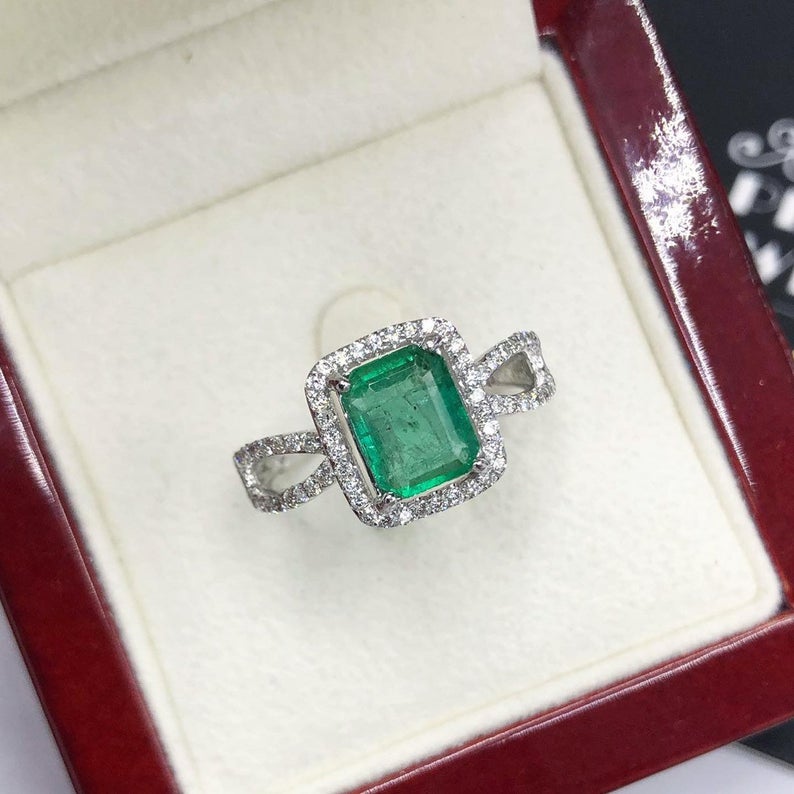 STUNNING! 2.40TCW Emerald VS Diamond 18k solid white gold ring engagement wedding colombian zambian Double halo modern natural art deco big