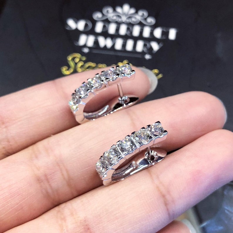 SPARKLING! 2.02TCW Hoop G/VS diamonds 18K solid white gold handmade earrings studs natural estate huge clean channel round gift pieced big