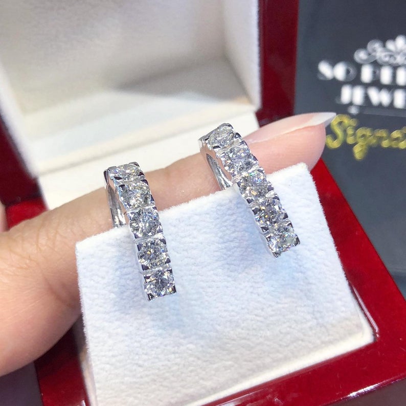 SPARKLING! 2.02TCW Hoop G/VS diamonds 18K solid white gold handmade earrings studs natural estate huge clean channel round gift pieced big