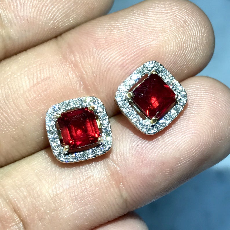 GORGEOUS 3.98TCW. Ruby & Diamonds in 18K solid yellow gold earrings natural certified studs vintage micro red siamese blood gift valentine