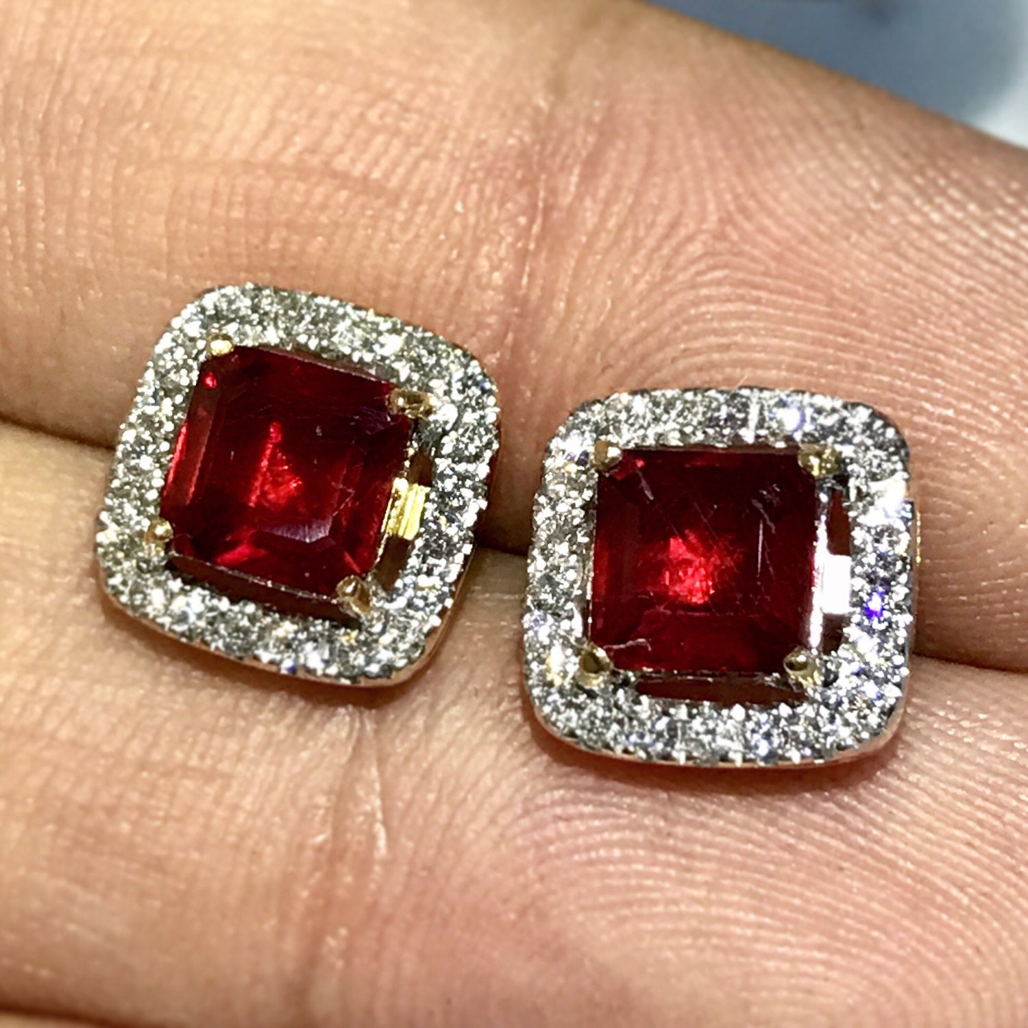 GORGEOUS 3.98TCW. Ruby & Diamonds in 18K solid yellow gold earrings natural certified studs vintage micro red siamese blood gift valentine