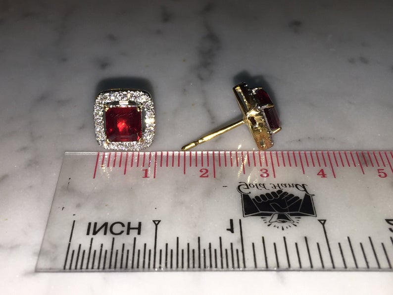 GORGEOUS 3.98TCW. Ruby & Diamonds in 18K solid yellow gold earrings natural certified studs vintage micro red siamese blood gift valentine