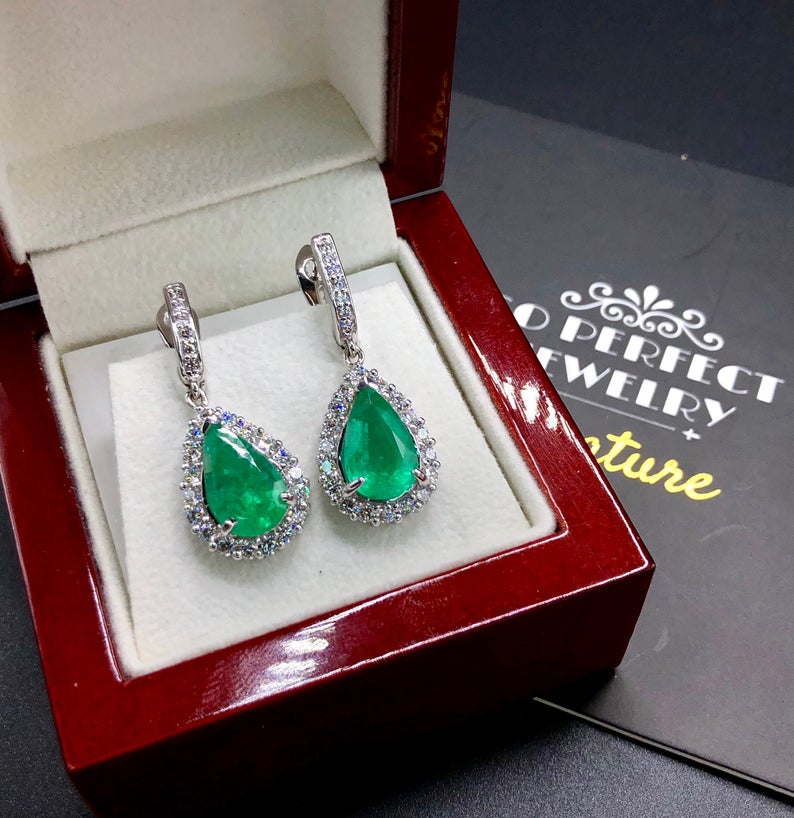 VIVID 6.18TCW Green Emeralds & Diamond in 18K solid WHITE gold handmade earrings dangle drop white gold chandelier unique zambia colombian