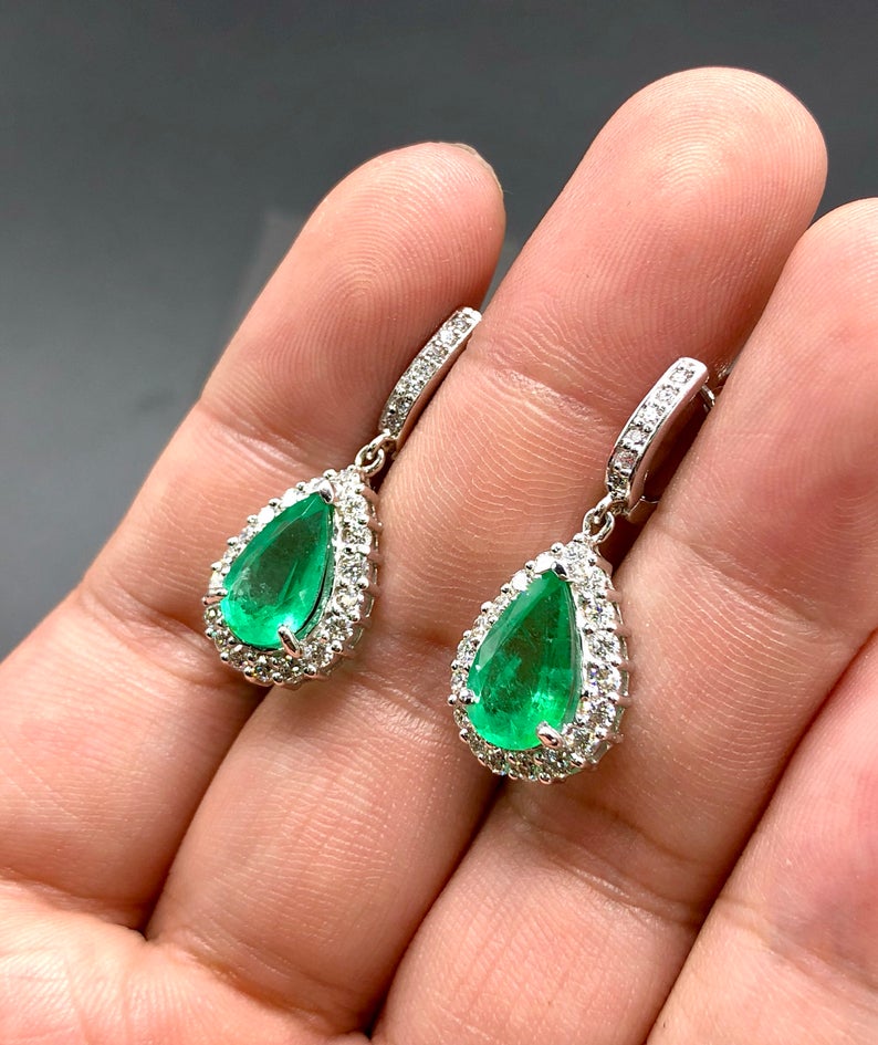 VIVID 6.18TCW Green Emeralds & Diamond in 18K solid WHITE gold handmade earrings dangle drop white gold chandelier unique zambia colombian