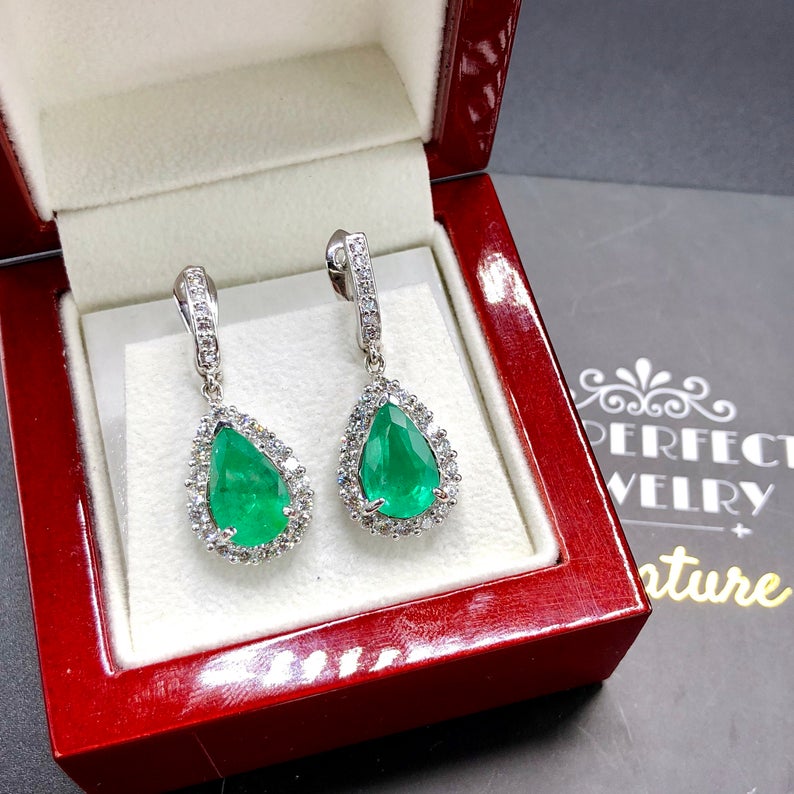 VIVID 6.18TCW Green Emeralds & Diamond in 18K solid WHITE gold handmade earrings dangle drop white gold chandelier unique zambia colombian