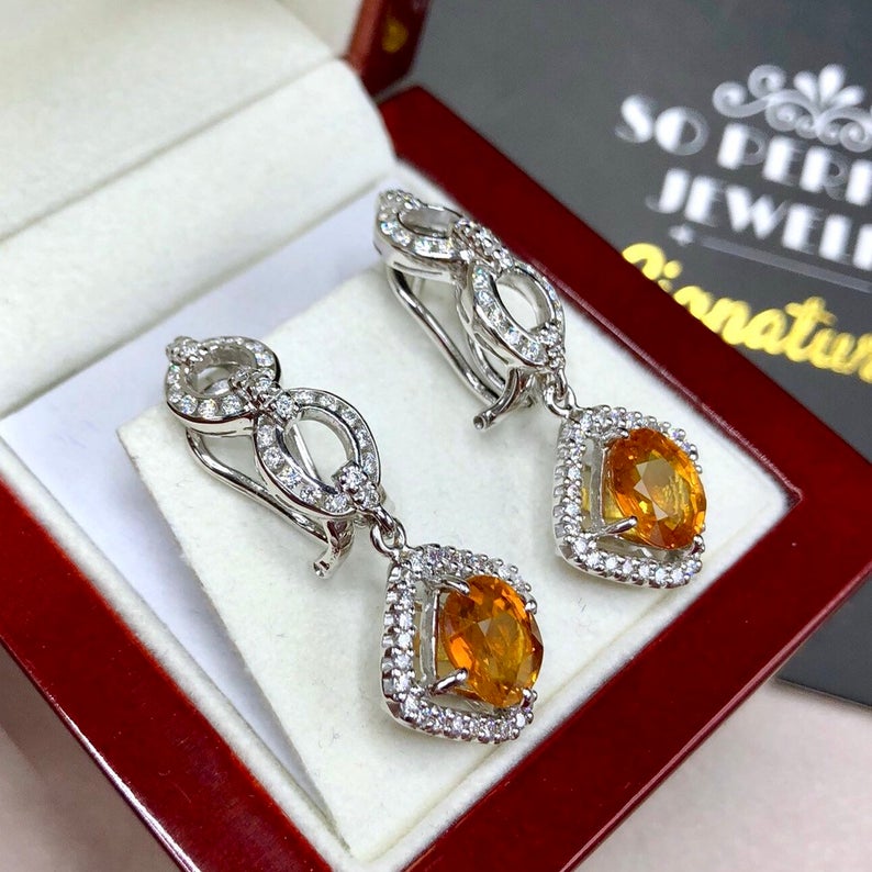 VIVID! 6.17TCW Yellow Sapphire & VS Diamonds in 18K solid handmade white gold earrings dangle drop orange thai ceylon Chandelier omega pair