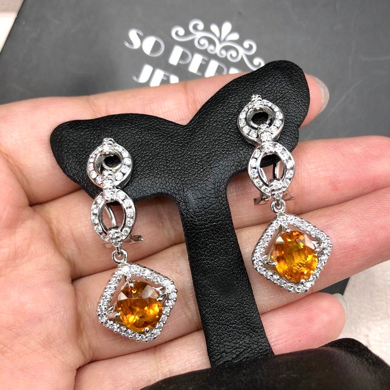 VIVID! 6.17TCW Yellow Sapphire & VS Diamonds in 18K solid handmade white gold earrings dangle drop orange thai ceylon Chandelier omega pair