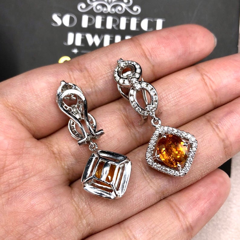 VIVID! 6.17TCW Yellow Sapphire & VS Diamonds in 18K solid handmade white gold earrings dangle drop orange thai ceylon Chandelier omega pair