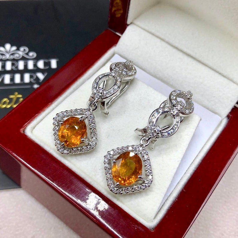 VIVID! 6.17TCW Yellow Sapphire & VS Diamonds in 18K solid handmade white gold earrings dangle drop orange thai ceylon Chandelier omega pair