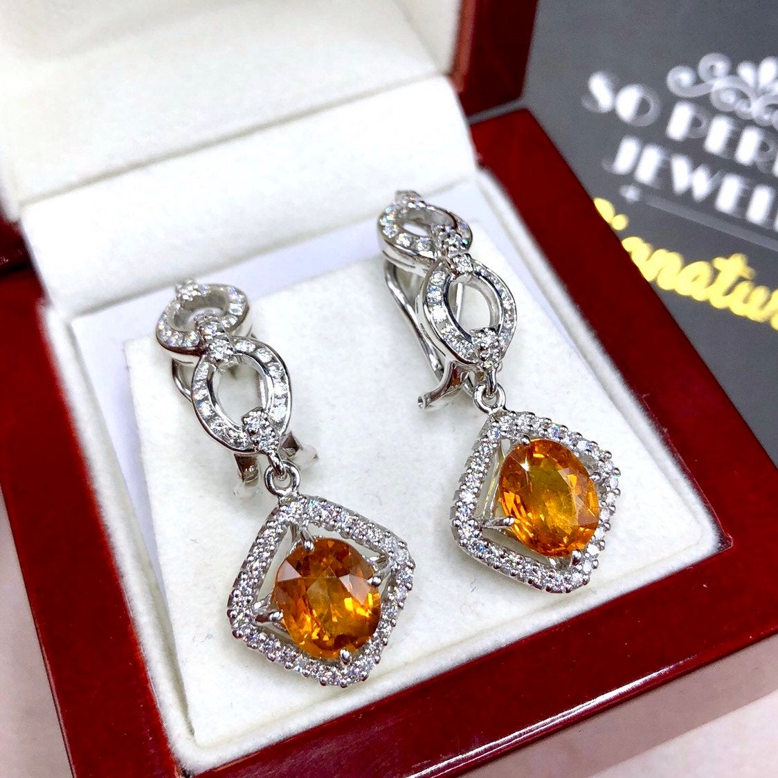 VIVID! 6.17TCW Yellow Sapphire & VS Diamonds in 18K solid handmade white gold earrings dangle drop orange thai ceylon Chandelier omega pair