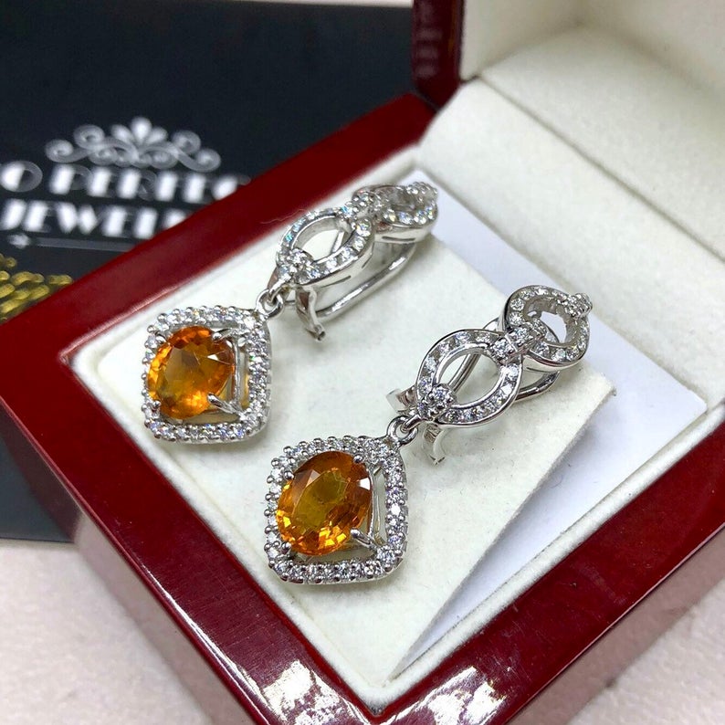 VIVID! 6.17TCW Yellow Sapphire & VS Diamonds in 18K solid handmade white gold earrings dangle drop orange thai ceylon Chandelier omega pair