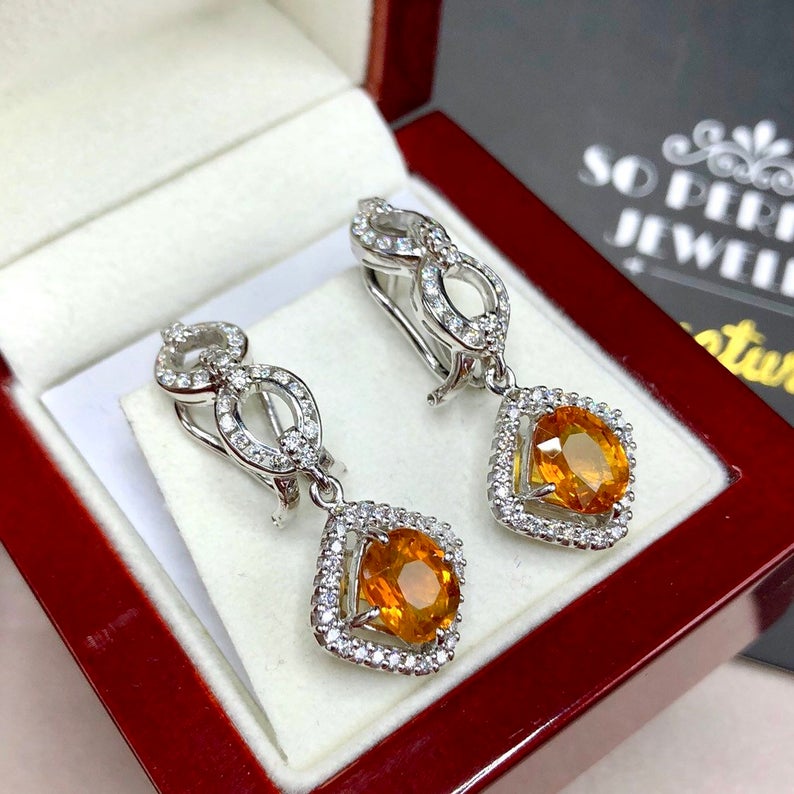 VIVID! 6.17TCW Yellow Sapphire & VS Diamonds in 18K solid handmade white gold earrings dangle drop orange thai ceylon Chandelier omega pair