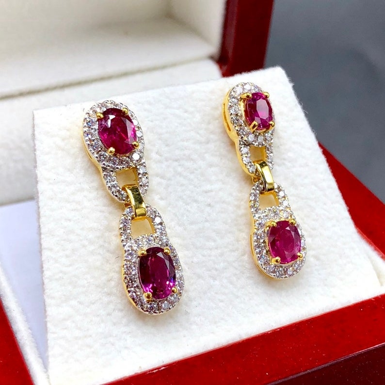 DANGLING 3.05TCW Blood Red Ruby & Diamonds in 18K solid yellow gold chandelier earrings vintage designer natural art deco burma burmese