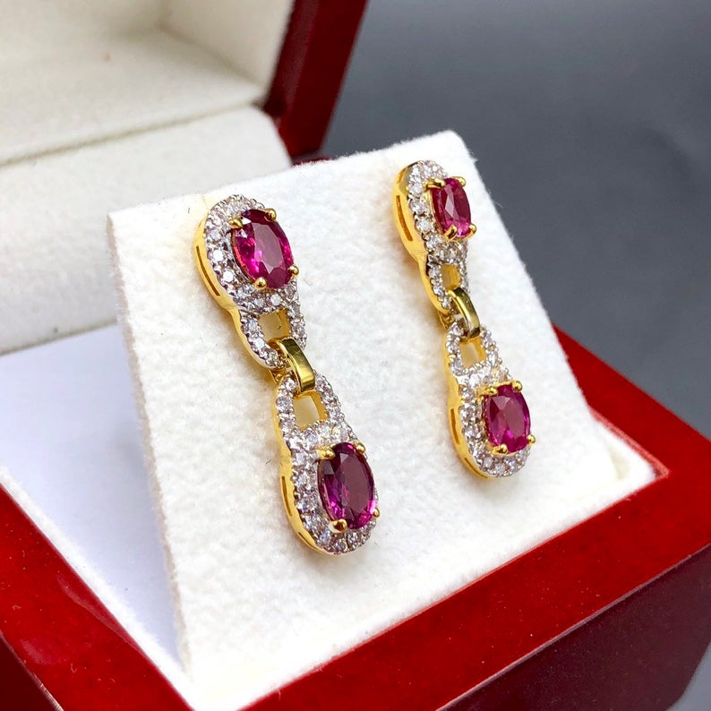 DANGLING 3.05TCW Blood Red Ruby & Diamonds in 18K solid yellow gold chandelier earrings vintage designer natural art deco burma burmese