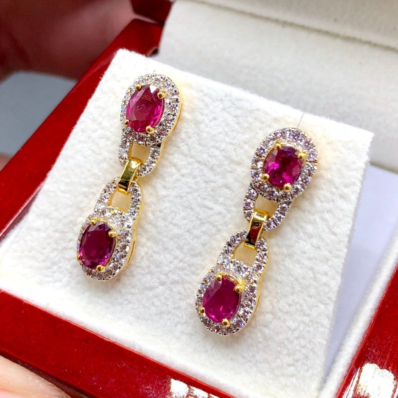 DANGLING 3.05TCW Blood Red Ruby & Diamonds in 18K solid yellow gold chandelier earrings vintage designer natural art deco burma burmese