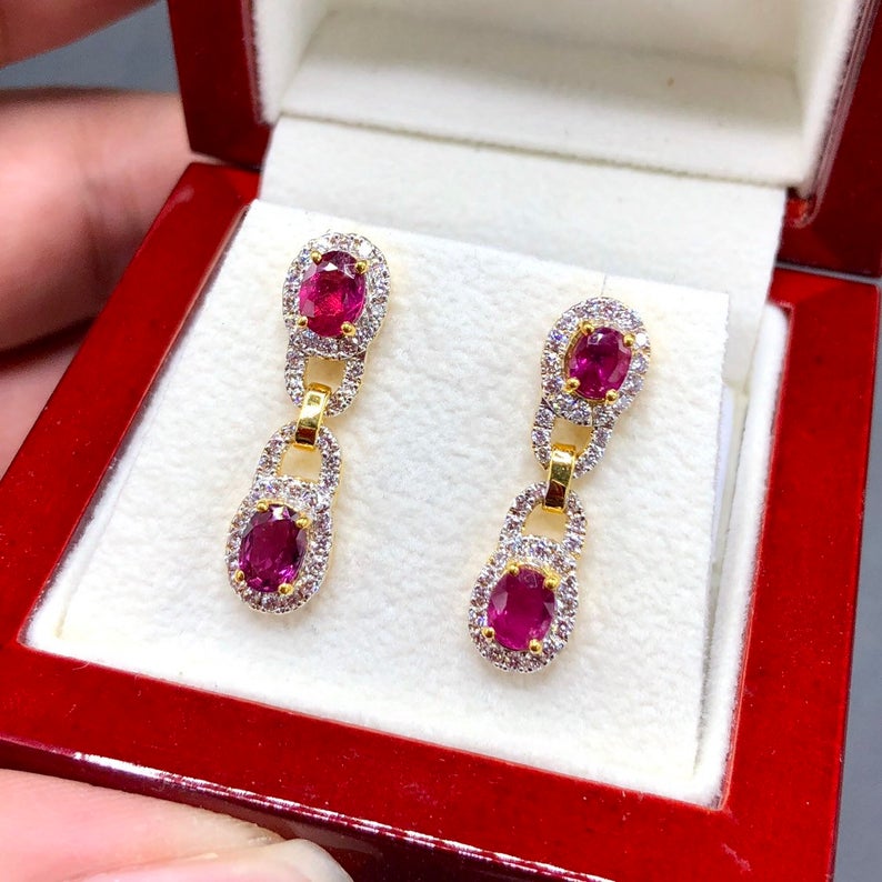 DANGLING 3.05TCW Blood Red Ruby & Diamonds in 18K solid yellow gold chandelier earrings vintage designer natural art deco burma burmese