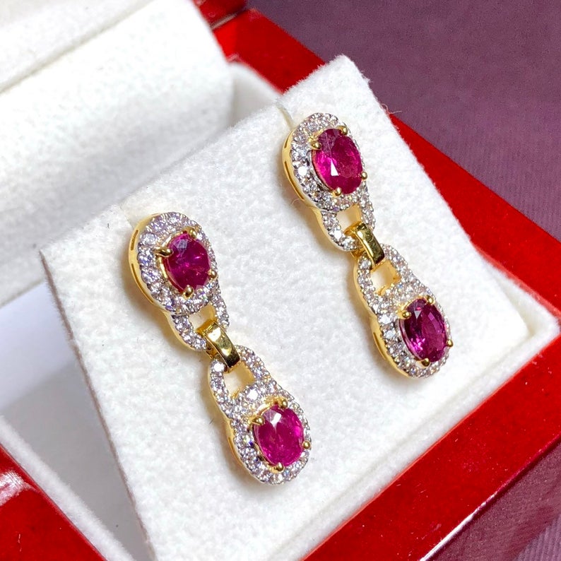 DANGLING 3.05TCW Blood Red Ruby & Diamonds in 18K solid yellow gold chandelier earrings vintage designer natural art deco burma burmese