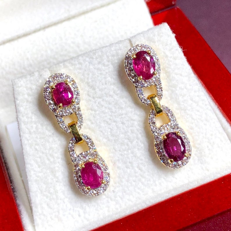 DANGLING 3.05TCW Blood Red Ruby & Diamonds in 18K solid yellow gold chandelier earrings vintage designer natural art deco burma burmese