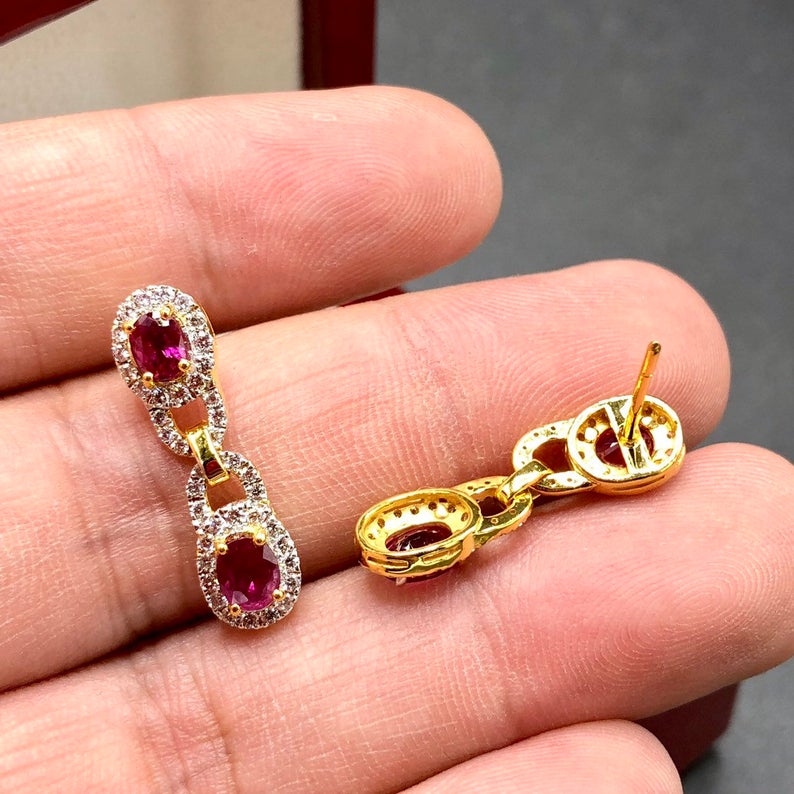 DANGLING 3.05TCW Blood Red Ruby & Diamonds in 18K solid yellow gold chandelier earrings vintage designer natural art deco burma burmese