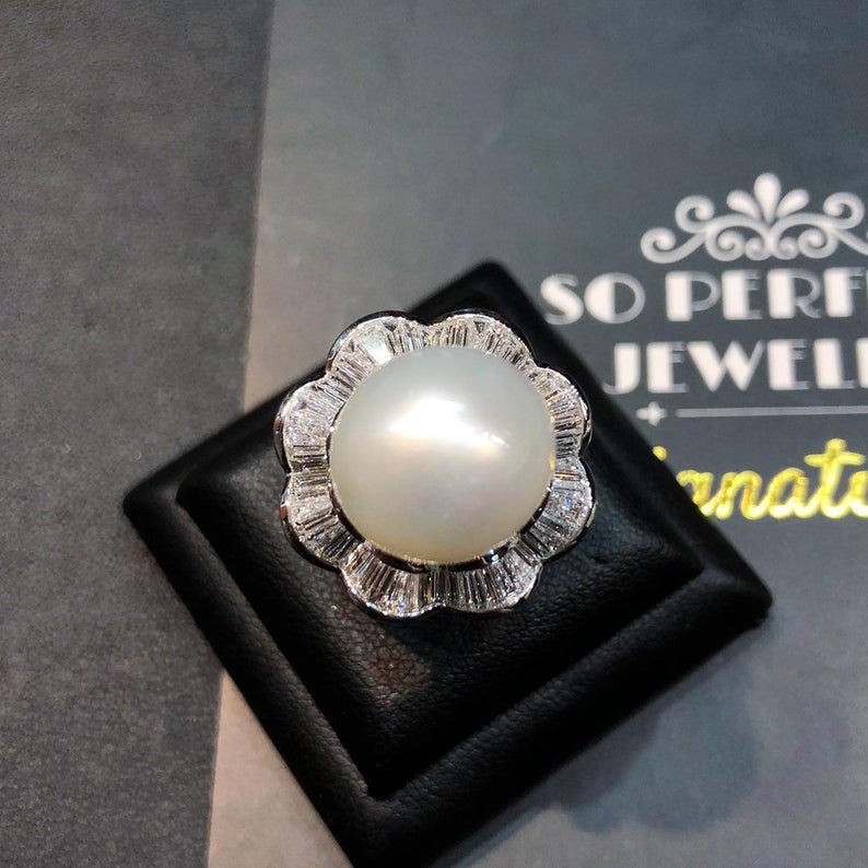 WOW! 13.5mm SOUTH SEA Pearl & 1.23 ct diamonds in 18K handmade solid white gold ring one of a kind handcrafted huge cocktail white australia