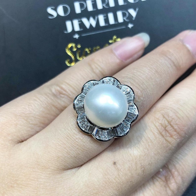 WOW! 13.5mm SOUTH SEA Pearl & 1.23 ct diamonds in 18K handmade solid white gold ring one of a kind handcrafted huge cocktail white australia