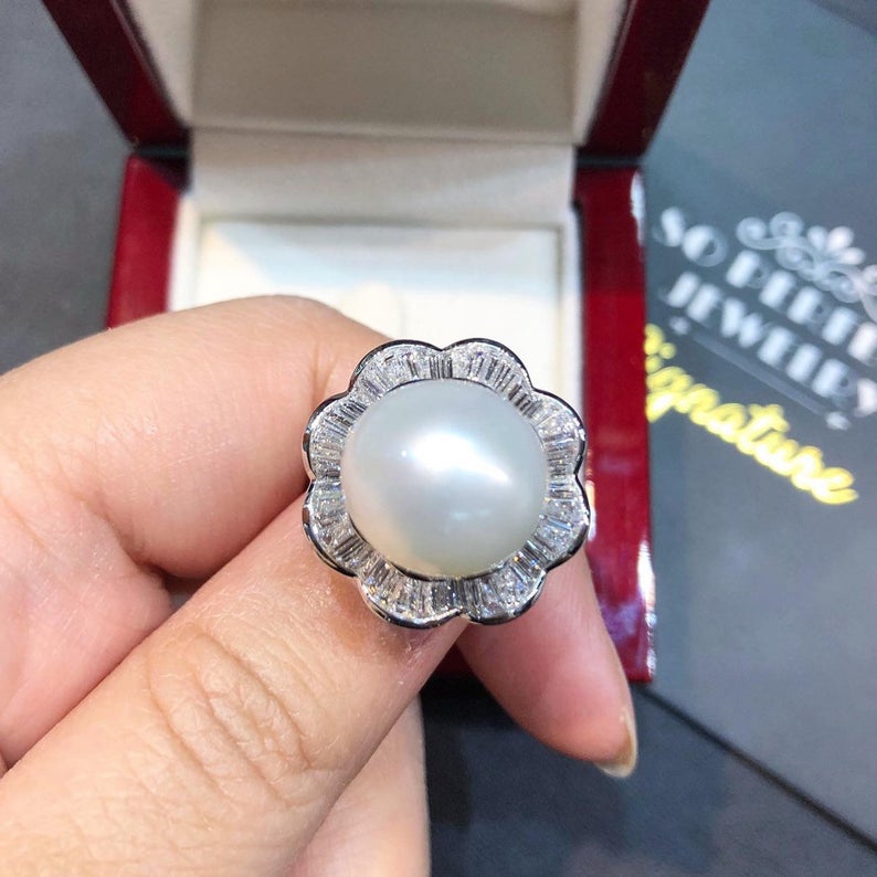 WOW! 13.5mm SOUTH SEA Pearl & 1.23 ct diamonds in 18K handmade solid white gold ring one of a kind handcrafted huge cocktail white australia