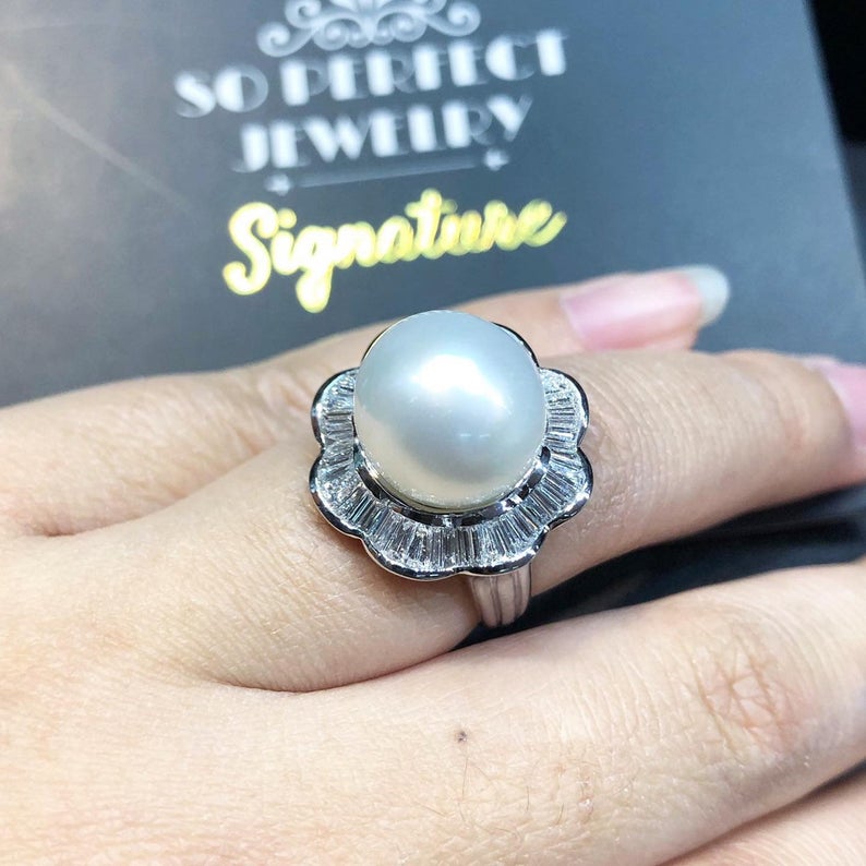 WOW! 13.5mm SOUTH SEA Pearl & 1.23 ct diamonds in 18K handmade solid white gold ring one of a kind handcrafted huge cocktail white australia